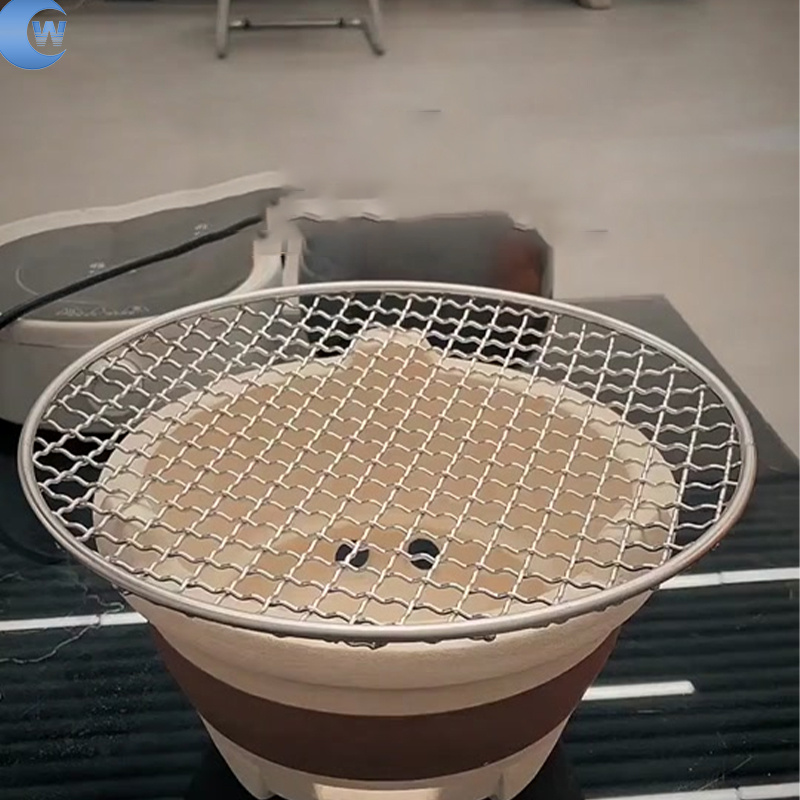 Stainless Steel Round Crimped Mesh BBQ Grill Net with Steel Rim for Charcoal Stove Outdoor Camping Barbecue